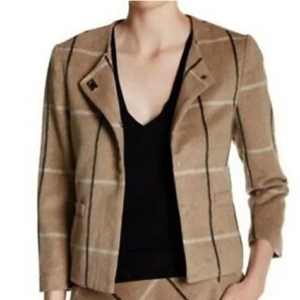 Catherine Malandrino Windowpane Grid Blazer Jacket Size 6 Tan Career